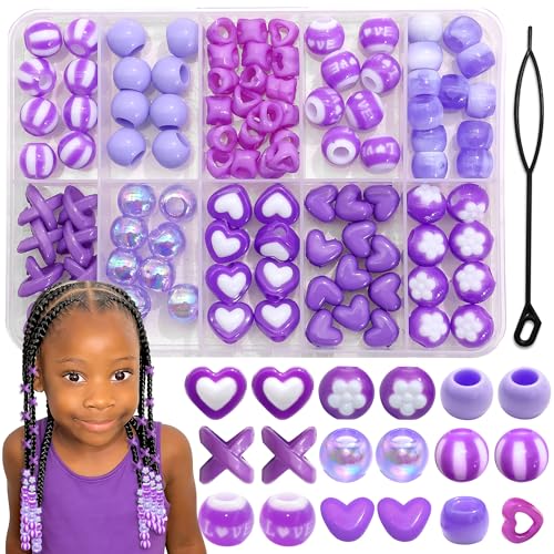 NAISKA 100PCS Purple Dreadlock Bead 10 Styles Kids Braids Beads Heart Loc Jewelry Cute Clip Beads for Hair Braids Kids Hair Accesssories for Girls - color: Purple