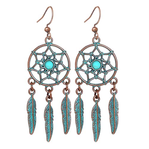Boho Turquoise Drop Earrings Retro Long Copper Feather Tasse Metal Leaf Dangle Earrings Vintage Country Western Jewelry Cowgirl Ethnic Style Geometric Concert Festival Accessories for Women - color: Green Feather Tassel