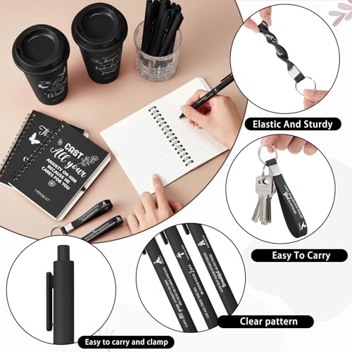 Skylety 12 Set/48 Pcs Christian Gifts for Men Religious Gift Set 16 oz Bible Scripture Cups with Lids Mini Spiral Notebooks Pens Keychains for Dad Husband Birthday (Black) - color: Black