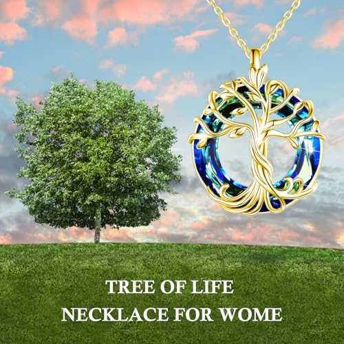 TOUPOP Tree of Life Necklace Gifts for Women 925 Sterling Silver Family Tree Pendant with Crystal Birthday Irish Jewelry Gifts for Women Her Wife Mom - color: 03-Gold-Blue Crystal