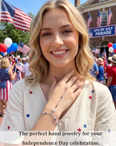 Silver Gold Ring Hand Chain Bracelet for Women non Tarnish Star Dainty Bracelets Hand Chain Ring Stackable Chains Bracelet - color: red&blue