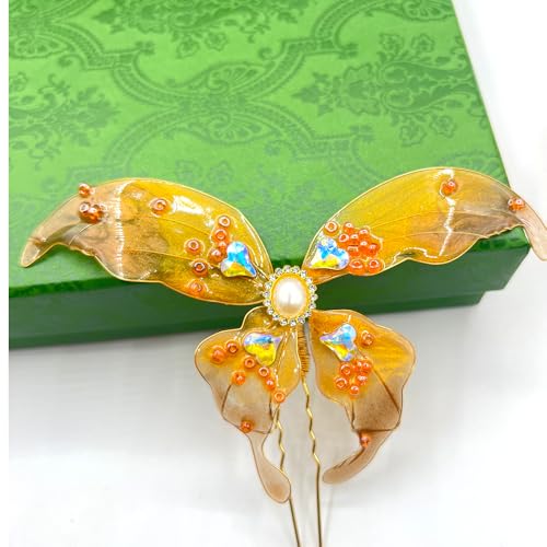 Orange Butterfly with Pearl Resin Hairpin Chinese Hanfu and Han Style Hair Retro Flower with Metal Handmade Hair Clip Hair Accessories for Women Girls Long Hair (Orange Butterfly) - color: Orange Butterfly
