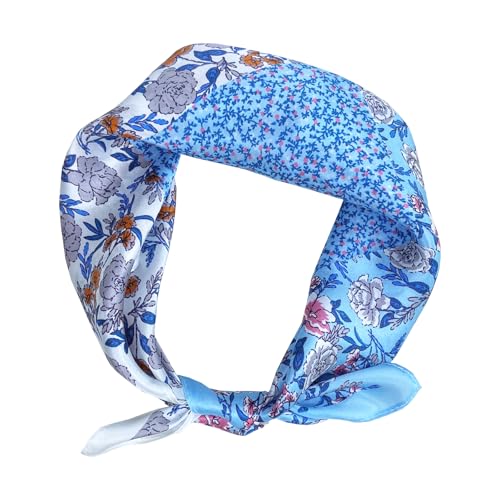 Women's Small 21 inch 100% Silk Scarf Bandana for Head Neck Hair | 100% Mulberry Silk Lightweight Designs Gift-Ready Packaging For Hair Fashion 21"x21" Printed - color: 307 Blue White