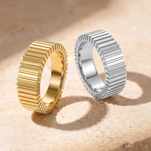 PDWZNBA Mothers Day Gifts for Mom Linear Stripe Textured Ring | 14K Gold-Plated Stainless Steel Promise & Friendship Ring, Wedding Band, Birthday Gifts for Women - color: GGold, size: 6