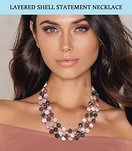 Noessla Layered Beaded Chunky Necklace for Women Boho Two-color Shell Statement Necklace Fashion Collar Costume Jewelry Gifts for Mum - color: Pink