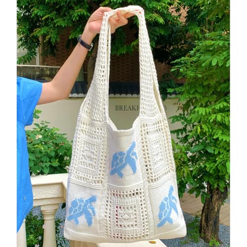 White Crochet Summer Tote Bag – Cute Small Mesh Knitted Beach Handbag, Boho Crochet Travel Shoulder Purse with Turtle, Woven Crossbody Knitting Bag for Women, Beach Essentials