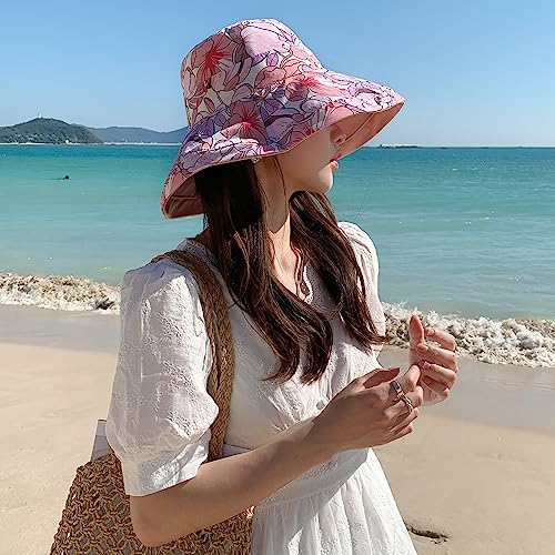 HUAMULAN Women Summer Sun Hat Wide Brim Wired Edge Floral Beach Bucket Hats Reversible Foldable Travel UV Protection Lady Hat - color: M1744-pink