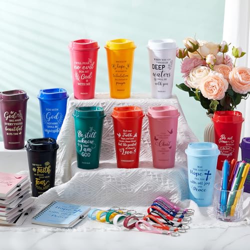 Skylety 12 Set/48 Pcs Christian Gifts for Women Men Religious Gift Set 16 oz Bible Scripture Cups with Lids Mini Spiral Notebooks Pens Keychains for Mother Father Birthday(Classic Color) - color: Classic Color