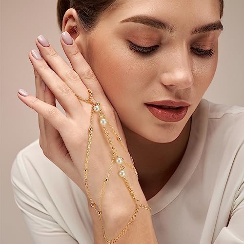Fumete 6 pcs Finger Ring Bracelet Linked Rhinestone Hand Harness Chain Slave Bracelet with Ring Everyday Jewelry for Women - color: Gold, style: Delicate