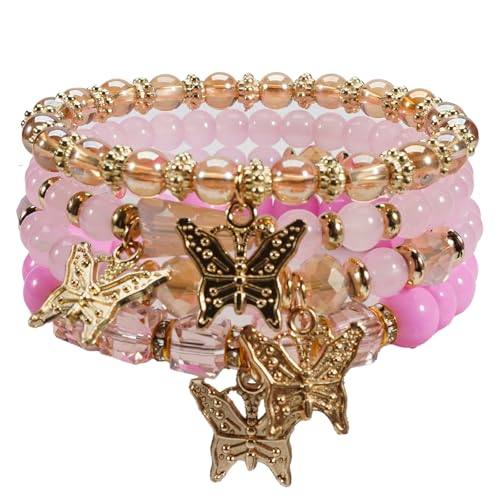 Bohemian Bracelet Sets for Women - 4-Pack Stackable Stretch Bead Bracelets with Black＆White Crystal & Gold Accessories, Multi-Layer Boho Jewelry - color: pink butterfly