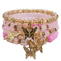 Bohemian Bracelet Sets for Women - 4-Pack Stackable Stretch Bead Bracelets with Black＆White Crystal & Gold Accessories, Multi-Layer Boho Jewelry - color: pink butterfly
