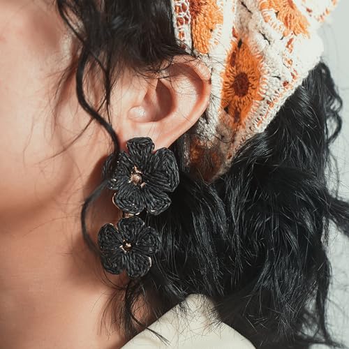 Boho Flower Earrings Statement Raffia Dangle Earrings Cute Floral Jewelry Trendy Summer Beach Vacation Outfits for Women - color: Black