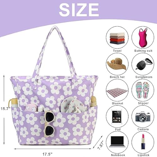 Bluboon Waterproof Beach Tote Pool Bags for Women Ladies Extra Large Carry On Bag With Wet Compartment for Weekender Travel - color: Big Flower 157 Purple
