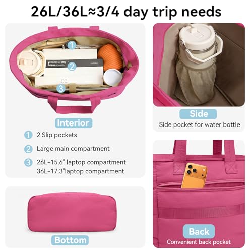 Puffer Tote Bag with Pouch, Women's Lightweight Quilted Shoulder Bag, 15.6"/17.3 Laptop Travel Weekender for Work & Nurses - color: Rose, size: Medium