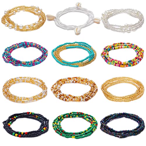 12PCS 24-70 Inches Plus Size Waist Beads Chains for Women Handmade African Belly Beads Layered Body Chain Beach Bikini Jewelry - size: 43.5 inches