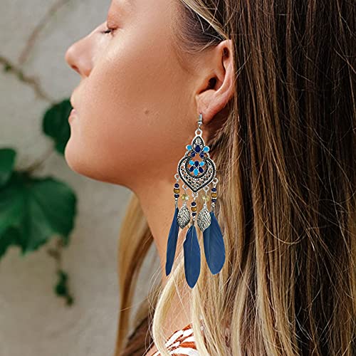 Bohemian Earrings Feather Tassel Silver Ethnic Retro Boho Dangle Earring Bead Women Jewelry for Birthday Party Gifts (Blue) - color: Blue
