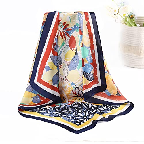 AWAYTR 27.5” Silk Satin Square Head Scarf - 4PCS Satin Head Scarves for Women Hair Kerchief Bandanas Sleeping Head Wraps - color: Flowering Leaves (Beige/Orange/Navy/Red)