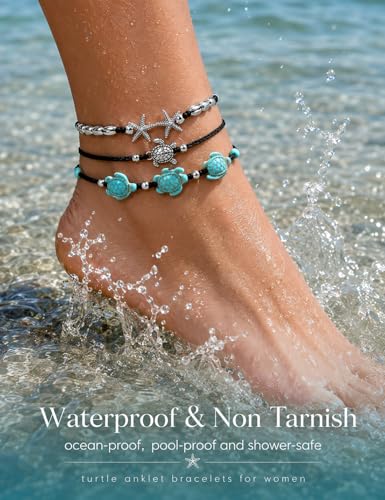 FASACCO 10 PCS Turtle Ankle Bracelets for Women Waterproof Handmade Starfish Sea Turtle Bracelet Adjustable Boho Summer Beach Bracelets for Women Men Bahamas Souvenirs