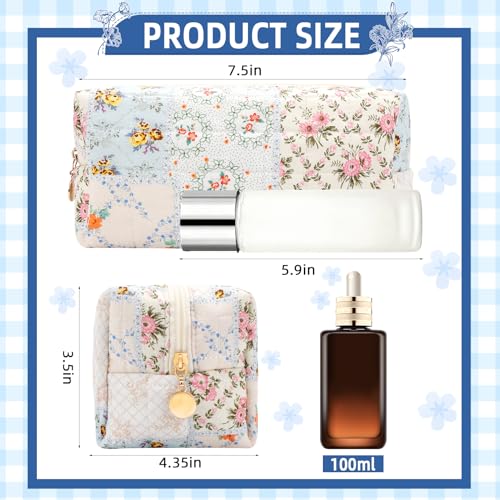 Small Makeup Bag Quilted Cosmetic Bag Floral Travel Toiletry Bags for Women Cute Pencil Case Quilted Makeup Pouch Aesthetic Coquette Cosmetic Pouch Cotton Make Up Bags Cute Zipper Pouches Blue - color: Ab-flower bee