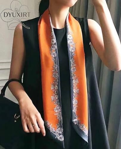 Head Scarf Purse Handle Neck Satin Hair Scarfs For Bag Lightweight Silky Long Thin Women's Fashion Scarves 59 * 5.9” - color: H2-orange Background With Floral(59*5.9inch)