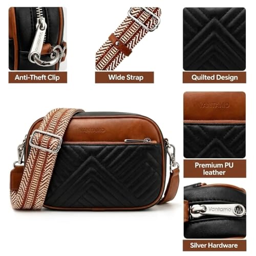 Vantamo Premium Quilted Crossbody Bags for Women with Anti-Pickpocket Clip, Vegan Leather Handbags, Travel Purses for Women - color: Black & Brown With Jacquard Strap