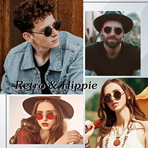 Round Polarized Sunglasses Men Women,Retro Metal Hippie Shades with 100% UV Protection - color: A05- Golden Frame Pink Lens