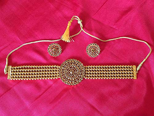 Aheli Pearl Diamond Choker Necklace & Round Earrings Gift for Women Indian Traditional Bollywood Fashion Bharatanatyam jewellery set - color: Champagne