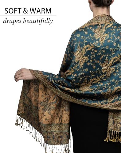 Achillea Reversible Paisley Pashmina Rave Scarf – Exotic Indian Shawls and Wraps for Evening Dresses, Festivals, All Seasons - color: Dark Seagreen