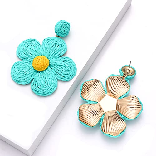 Rattan Earrings for Women Statement Boho Raffia Straw Wrapped Flower Drop Dangle Earrings Summer Tropical Beach Jewelry - color: Lake Blue