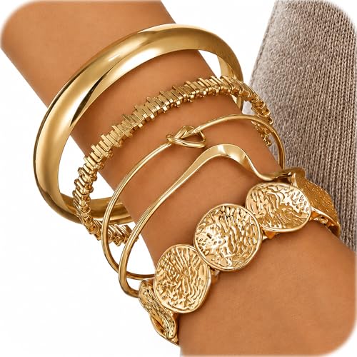 iF YOU Gold Bangle Bracelets for Women, Dainty Knot 14K Gold Plated Multi Layer Bangle Cuffs, Personalized Boho Chunky Bracelets for Women Jewelrys Set Gifts - color: gold-01