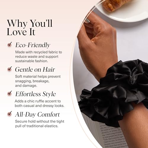Kitsch Recycled Satin Ruffle Scrunchie – Gentle Hair Scrunchie for Women, Eco-Friendly Hair Tie No Damage, Stylish Ponytail Holder | Ideal Gifts for Women - Black - color: Black Ruffle