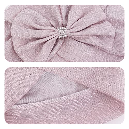 Erinaco Women Sparkle Sequin African Turban Bow Knot Pre-Tied Cap Pleated Ruffle Bonnet Beanie Hat Headwrap Skull Caps - color: Glitter Pink