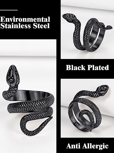 Stainless Steel/18K Gold Plated/Black Snake Ring for Men Women Size 7-12 Serpent Reptile Rings Punk Gothic Jewelry(with Gift Box) - color: 03-Black Plated