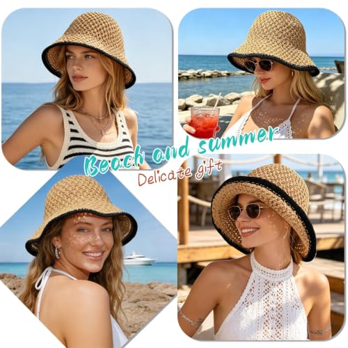 Sun Hat for Women Beach Hat Straw Bucket Hat Summer UV Protection, Packable Breathable Crochet Style - color: 1pack-khaki-black-brim