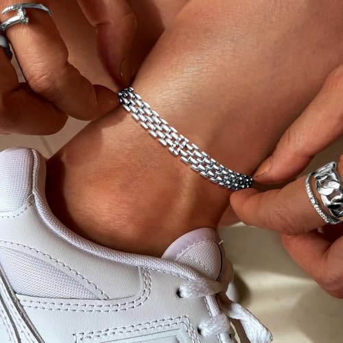 KissYan Gold Ankle Bracelets for Women, 14K Gold Anklets Chunky Cuban Link Chain Summer Beach Foot Jewelry Gifts for Women - color: Brick Link-Silver
