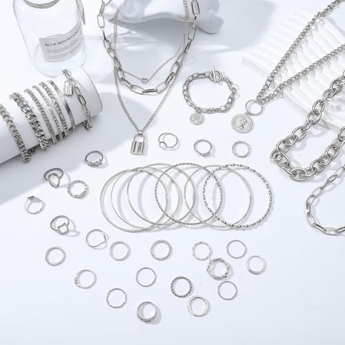 NEWITIN 44 Pieces Chunky Gold Jewelry Set for Women Fashion Costume Jewelry Gold Plated Chunky Necklace Chain Bracelet Ring Hoop Earrings Set for Women - color: Silver B