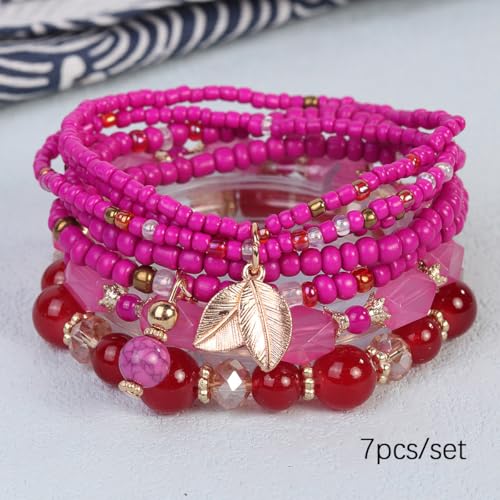 Caiyao 4Pcs Bohemia Multilayer Stackable Beaded Bracelets Set Colorful Crystal Stone Gold Beaded Stretch Bracelets Hawaii Charm Bracelet for Women Men Summer Beach Boho Vacation Jewelry Gifts - color: 7pcs hot pink