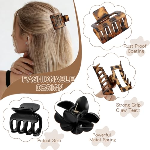 8 Pcs Matte Hair Clips for Women, Strong Hold Non-Slip Claw Clips for Girls, Flower Hair Clips for Thin Hair, Rectangle Claw Clips for Thick Hair, Neutral Colors Hair Accessories (Deep Leopard) - color: Deep Leopard