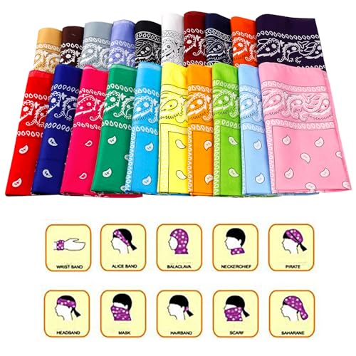 Jeatonge 20 Pcs Bandanas Paisley Headbands Bandana for Women Men Head Scarf Handkerchief 22x22 inch - color: ['Yellow', 'Sky Blue', 'Green', 'Red', 'Deep 'Orange', 'Plum Red', 'White', Purple', 'Khaki', 'Coffee', 'Gray', 'Black', 'Light 'Wine 'Royal 'Pink