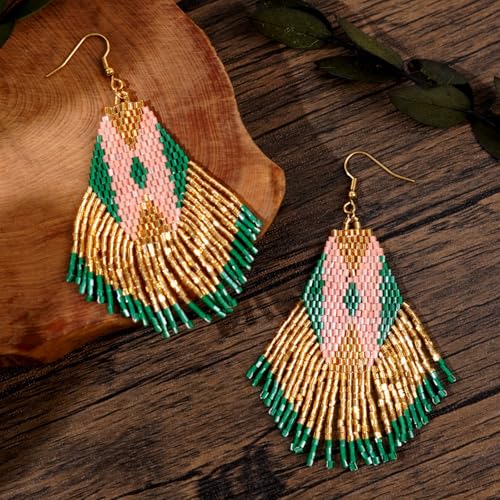 Bohemian Beaded Long Tassel Dangle Earrings for Women, Handmade Jewelry White Tarnish Resistant Lightweight Design, Stylish Accessory for Beach Vacation Party and Gift - color: Gold
