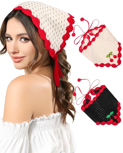AWAYTR Crochet Head Scarf Hair Bandanas Women Knit Bandana Headband Scarf Tie-Back Head Coverings Floral Headscarf - color: Cherry - Black + White