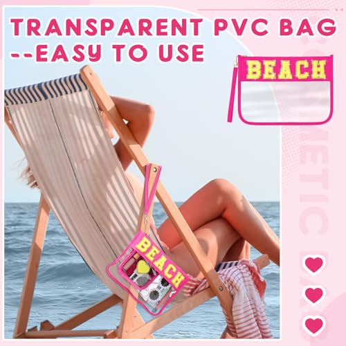Hillban 2 Pcs Beach Makeup Bag Clear Cosmetic Toiletry Pouch Chenille Letter Patch Bags Preppy Summer Waterproof PVC Travel Purse Snack Portable Storage for Women - style: Beach Theme
