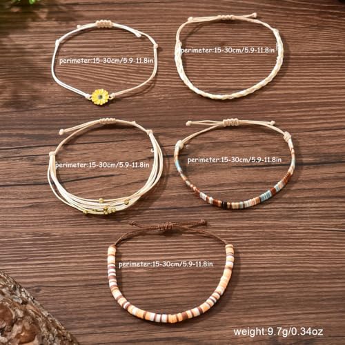 Beach Summer Ankle Bracelet for Women Handmade Braided Adjustable String Anklets Waterproof Surfer Bracelet - color: flower/brown