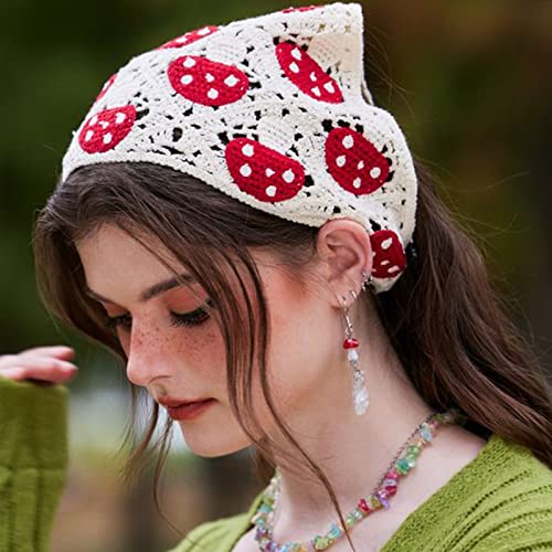 DRESHOW Floral Crochet Hair Bandana Tie Knotted Headscarf Vintage Headband Knitted Head Kerchief for Women Girls - color: 2 Pcs Strawberry Mushroom (Pink + Beige)