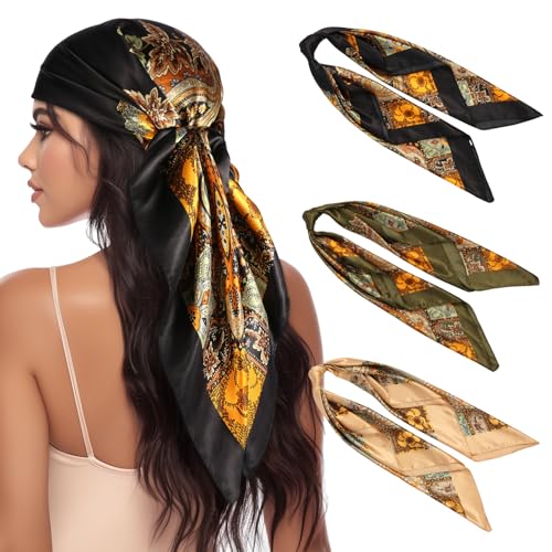 3 Pcs Satin Head Scarves for Women - 35" Satin Hair Scarves Large Square Silk Like Scarves & Bandanas - color: Black,deep Green,camel