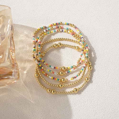14K Gold Plated Beaded Bracelets Stack Set for Women,Stretch Boho Colorful Beads Ball Jewelry Friendship Summer Trendy - color: Colorful Pink