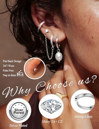 LOLIAS Hypoallergenic Flat Back Earrings Set for Women-Surgical Stainless Steel Earrings for Sensitive Ears-14K Gold Plated Chain Cartilage Earring Stacks Flatback Stud Hoop Earring Sets for Multiple Piercing Jewelry - color: Silver
