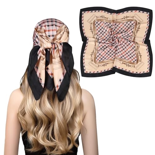 Relang Fashion Silk Satin Head Scarf for Women Hair Bandana Hair Scarf Wrap Neck Scarf for Women 27.5×27.5 inches - color: Checkered Chain Black Coffee