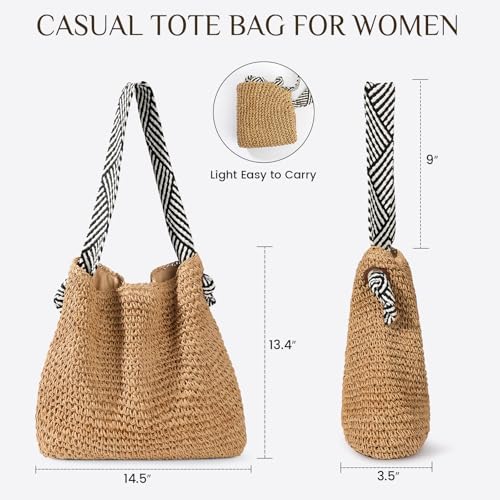 fauson Beach Bags for Women - Handmade Straw Clutch Purses for Women Handbag Zip Closure Tote Bag Lightweight - color: Light Khaki