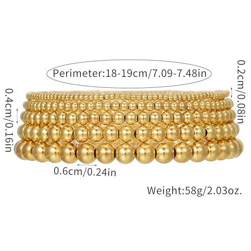 Gold Bracelets for Women 14K Gold Plated Beaded Non Tarnish Bracelets Stretch Bead Ball Bracelet Stack Set Jewelry for Gifts - color: A SET 5PC